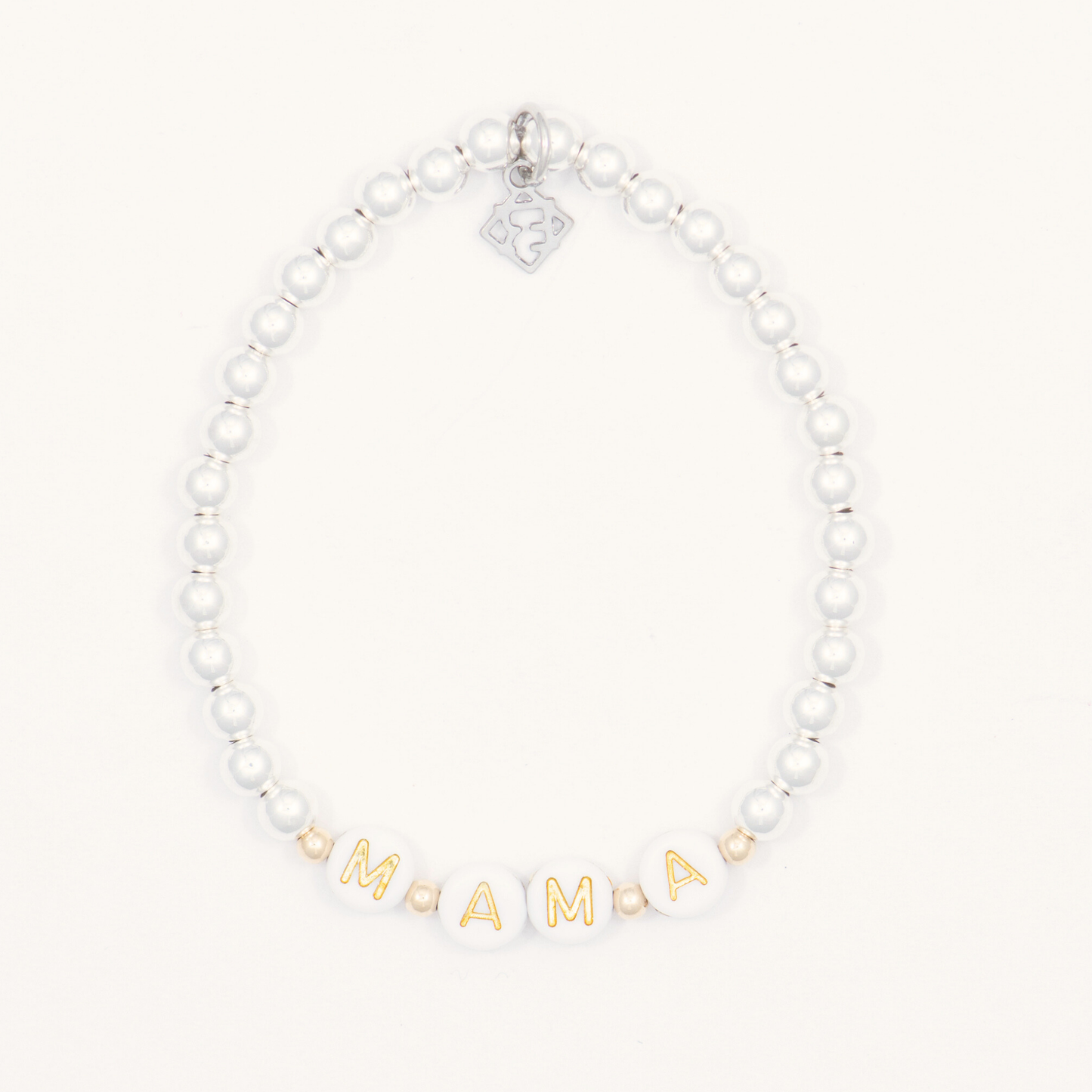 Silver bracelet with gold 'MAMA' letters on a white background
