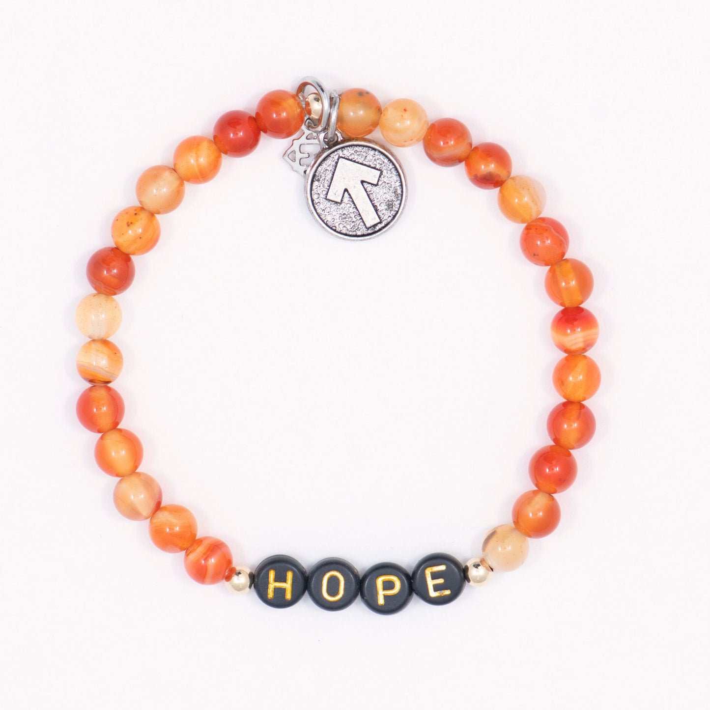 Bracelet with orange beads and 'HOPE' charm on a white background