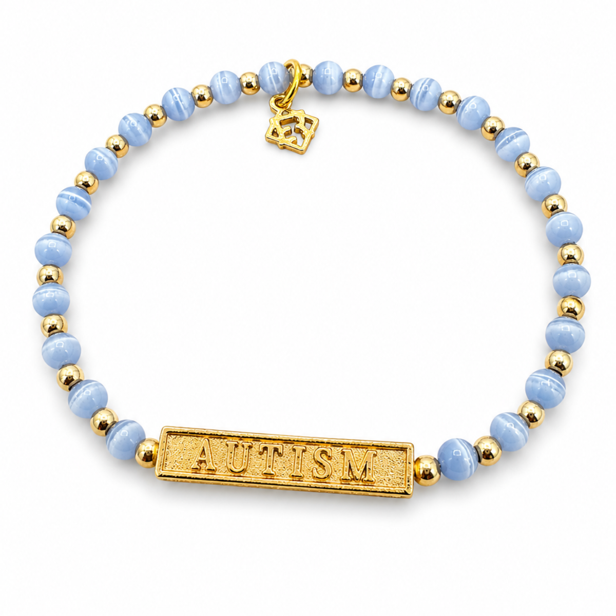 Autism Speaks stretch bracelet with blue cat’s-eye gemstones, 14K gold-filled accents, a rotating gold mantra bar and an ER charm