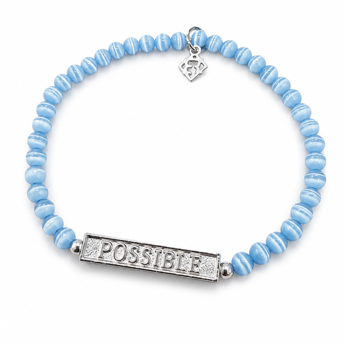 Autism Speaks Blue stretch bracelet with blue cat’s-eye gemstones, silver accents, a rotating silver mantra bar and a signature ER charm