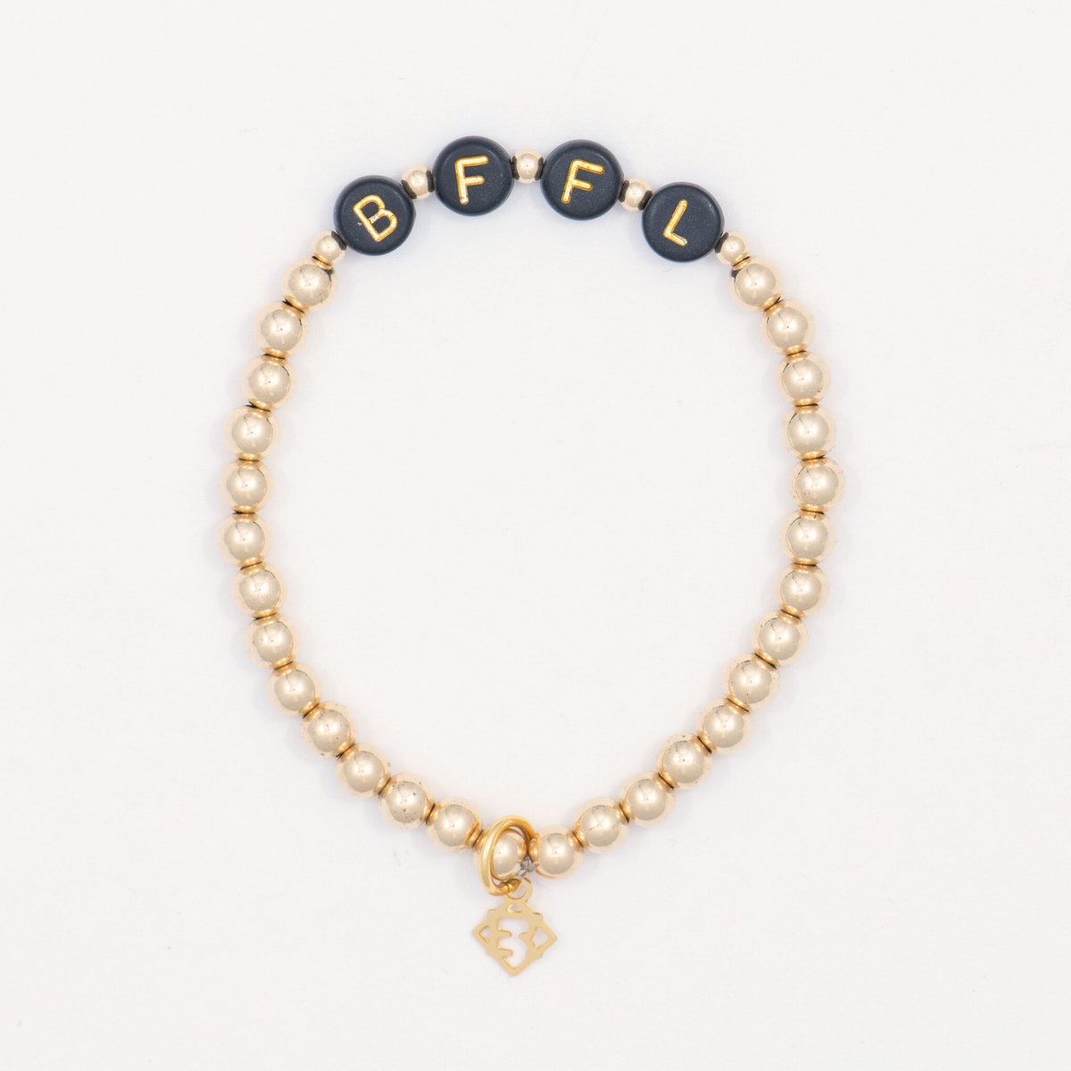 Thoughtful BFFL Bracelet with 5mm 14K gold-filled beads, black BFFL letter beads and an ElyseRyan charm