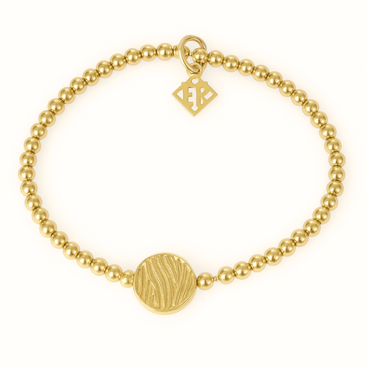 Gold S.E.A. Calming Bracelet with 3mm 14K gold-filled beads, a golden wave bead and signature ER charm