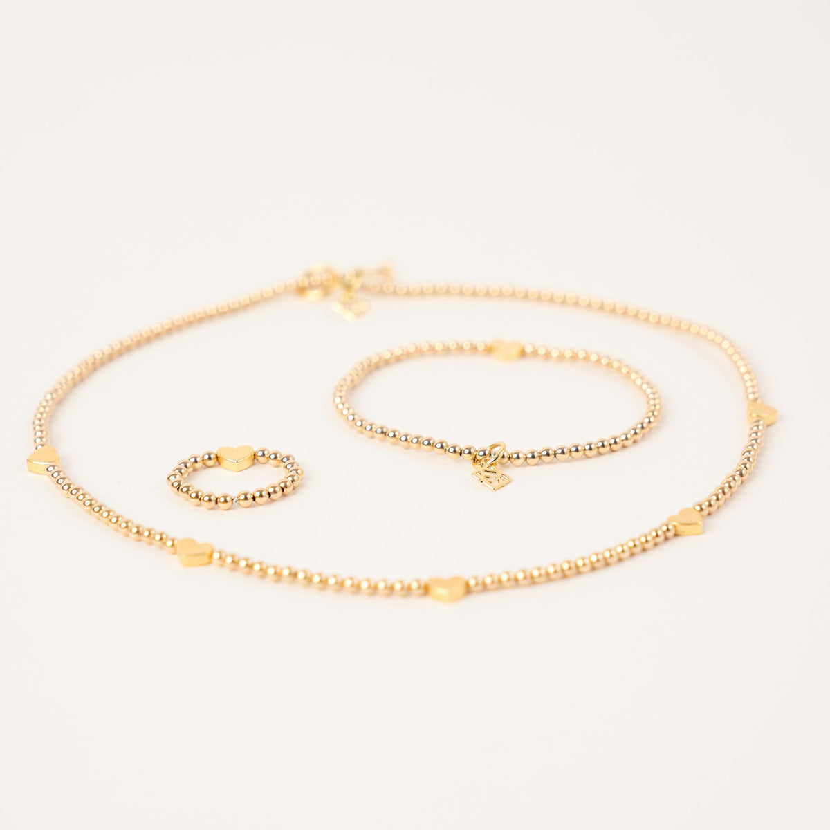 Golden Heart necklace, bracelet and ring with 3mm 14K gold-filled beads and matching golden heart accents