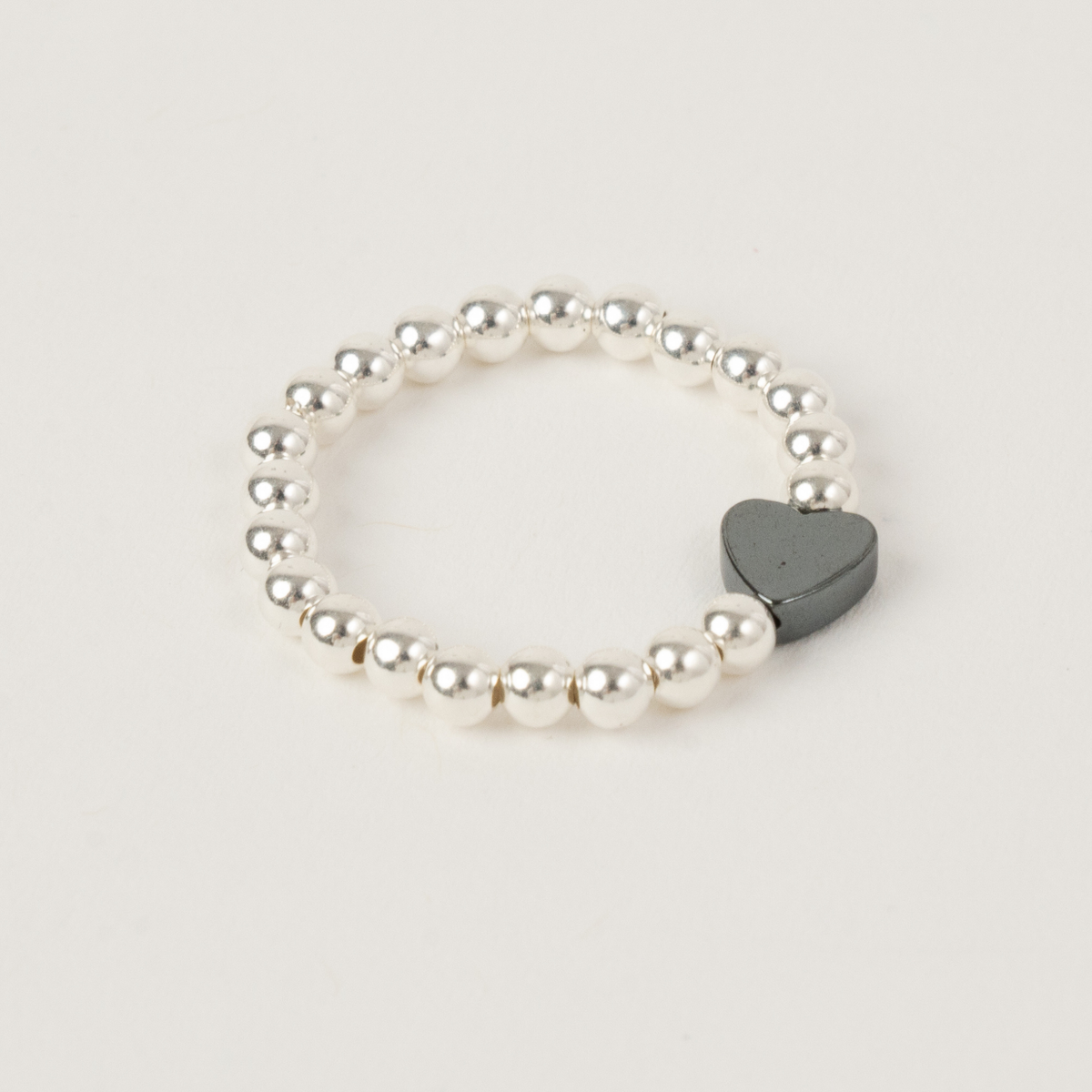 Silver Happy Heart Micro Ring with 3mm beads and a 5mm hematite heart