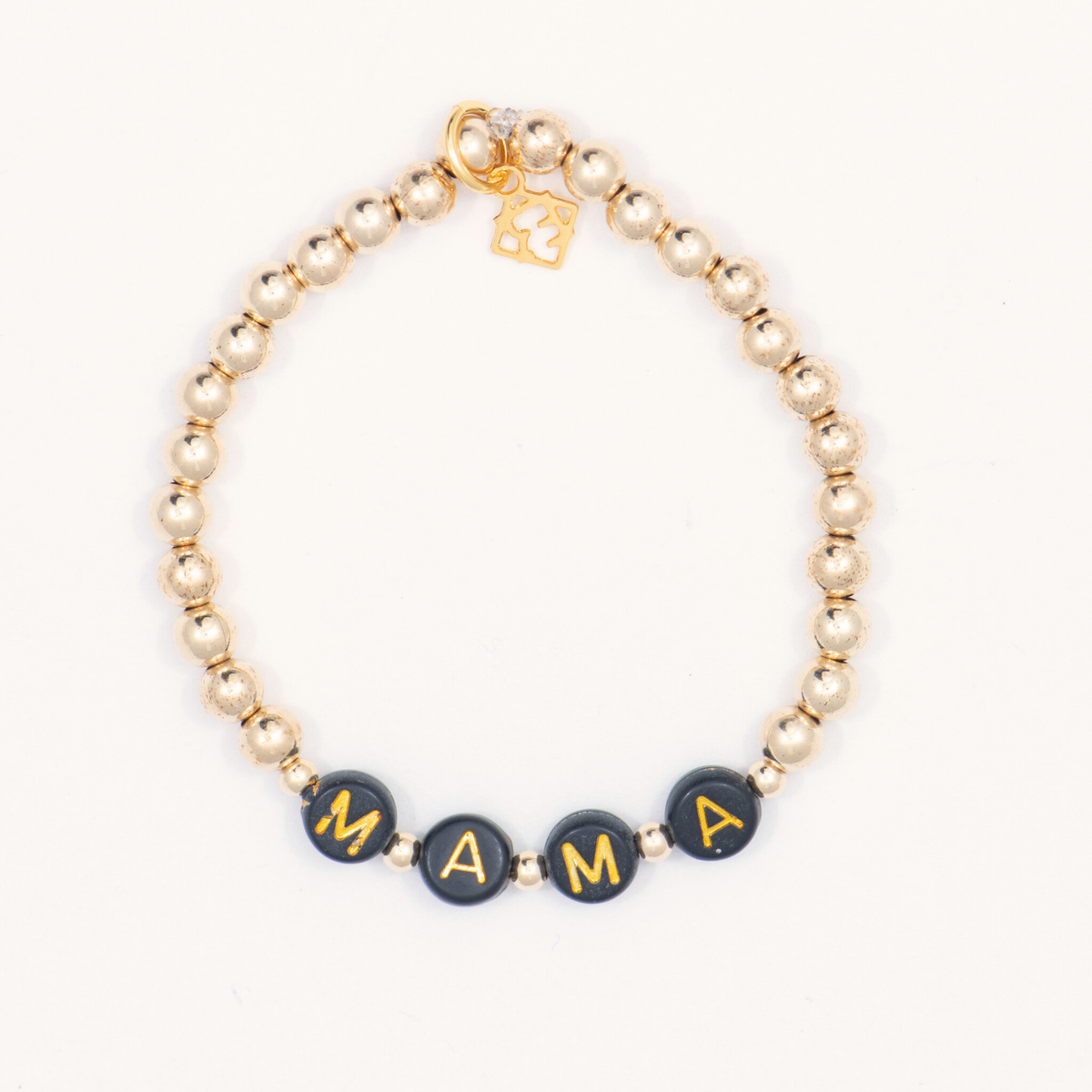 Thoughtful Mama Bracelet with 5mm 14K gold-filled beads, black MAMA letter beads and an ElyseRyan charm