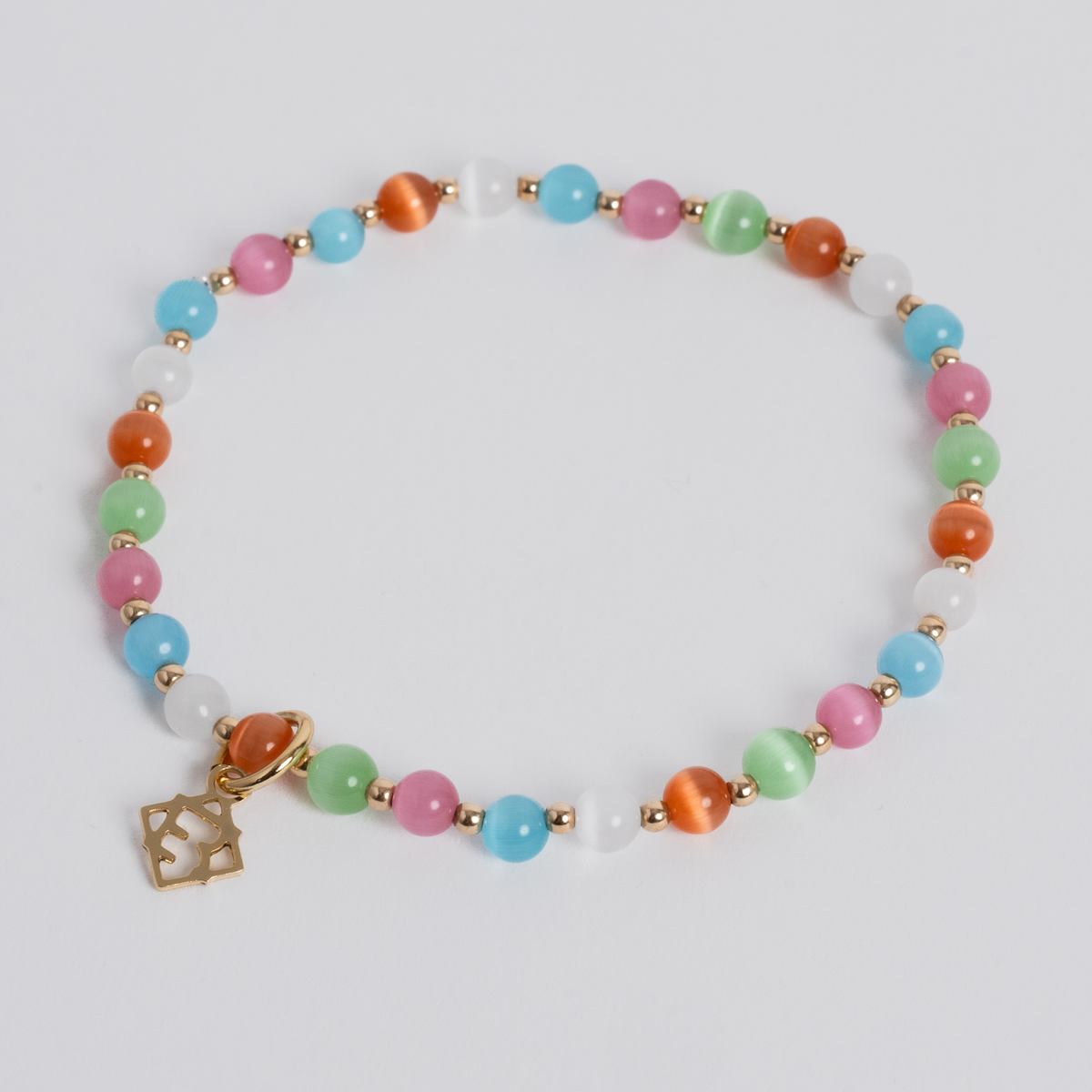 Multi Prism Bracelet with 4mm multicolored cat’s-eye stones, 14K gold-filled beads and a golden ER charm