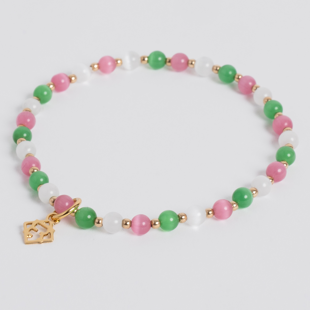 Pink, Green & White Prism Bracelet with 4mm cat’s-eye stones, 14K gold-filled beads and a golden ER charm