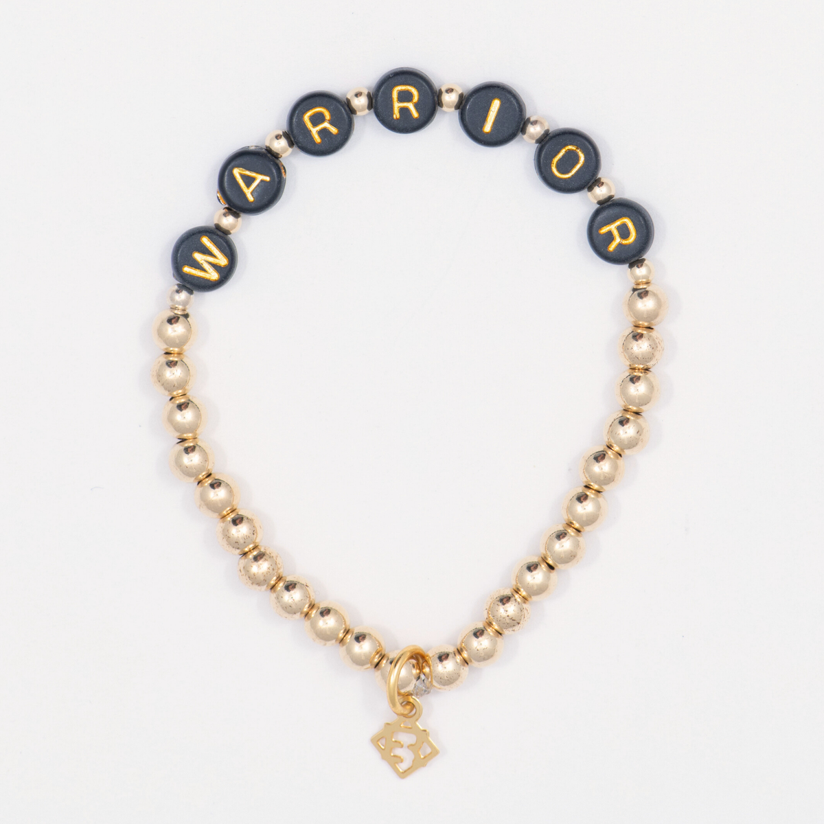 Thoughtful Warrior Bracelet with 5mm 14K gold-filled beads, black WARRIOR letter beads and an ElyseRyan charm