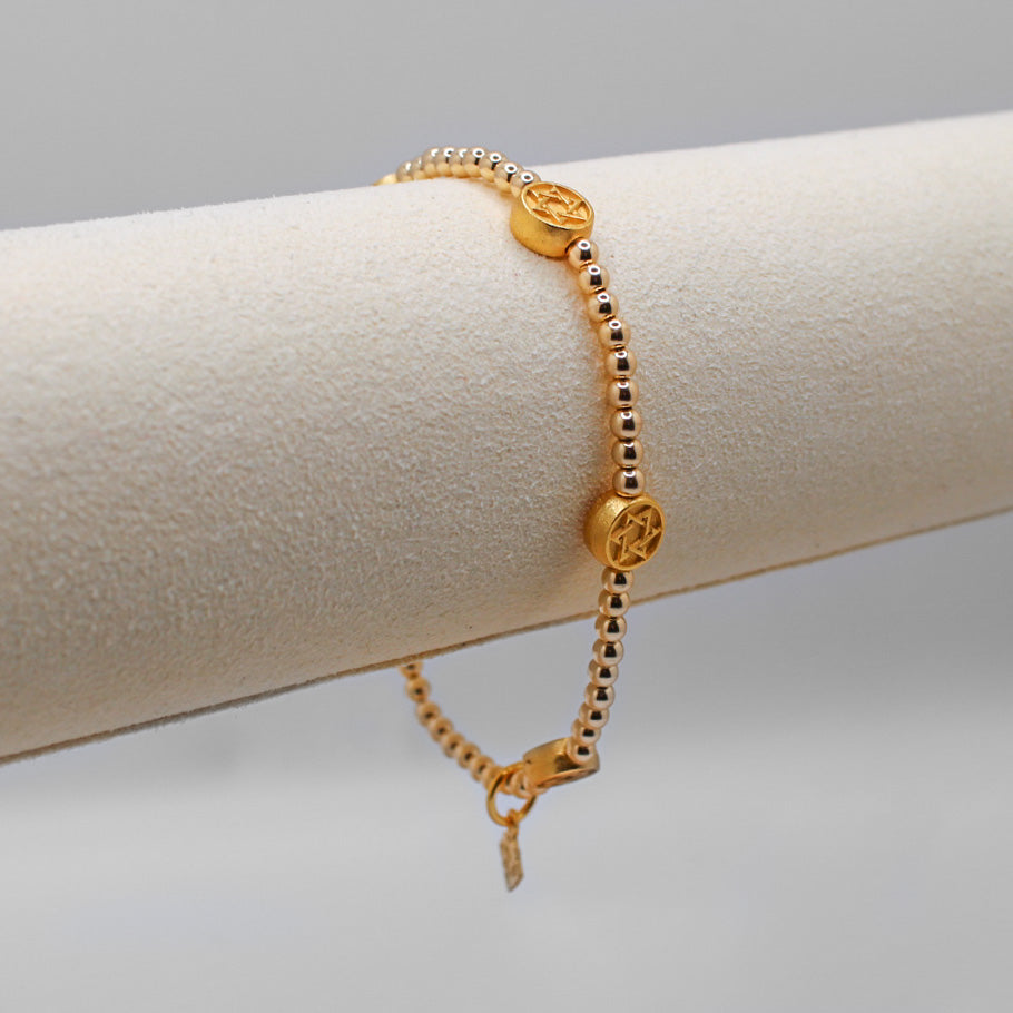 Gold Five-Star Unity Bracelet with 3mm 14K gold-filled beads and golden Star of David accents