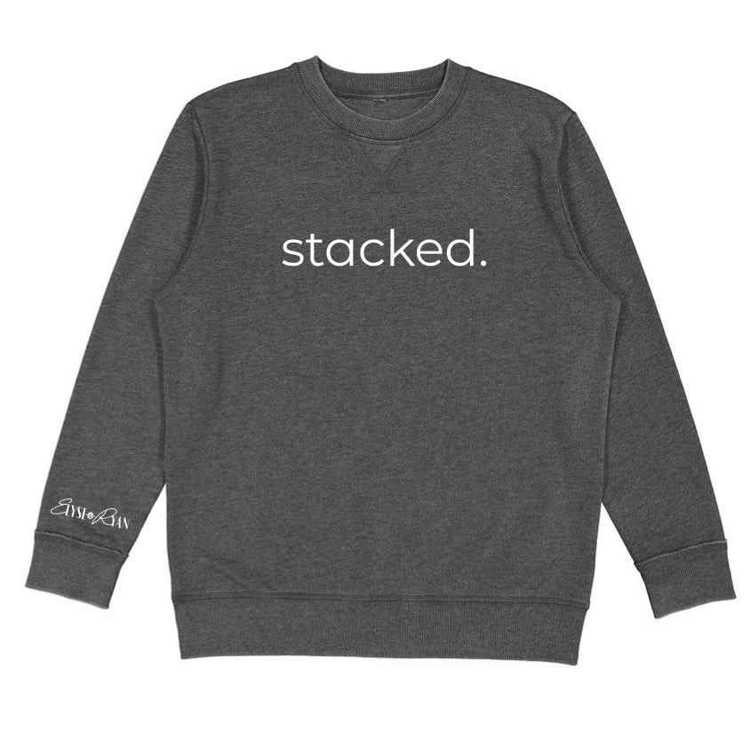 Front of the charcoal Stacked sweatshirt with white chest lettering and ElyseRyan sleeve embroidery