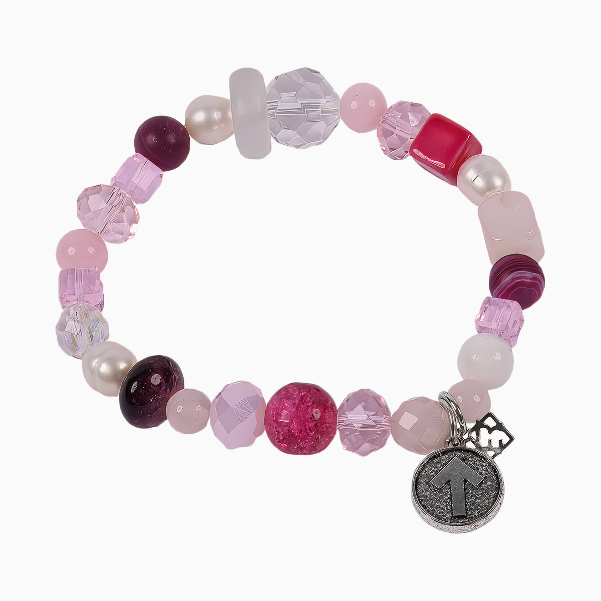 Stand Up To Cancer bracelet with pink gemstones, freshwater pearls, crystal accents, an arrow charm and ER dangle charm